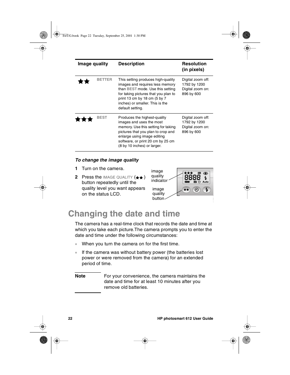 Changing the date and time | HP Photosmart 612 User Manual | Page 30 / 84