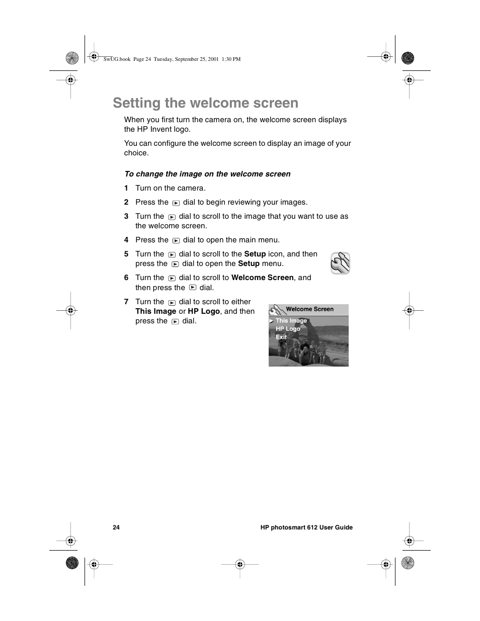 Setting the welcome screen | HP Photosmart 612 User Manual | Page 32 / 84
