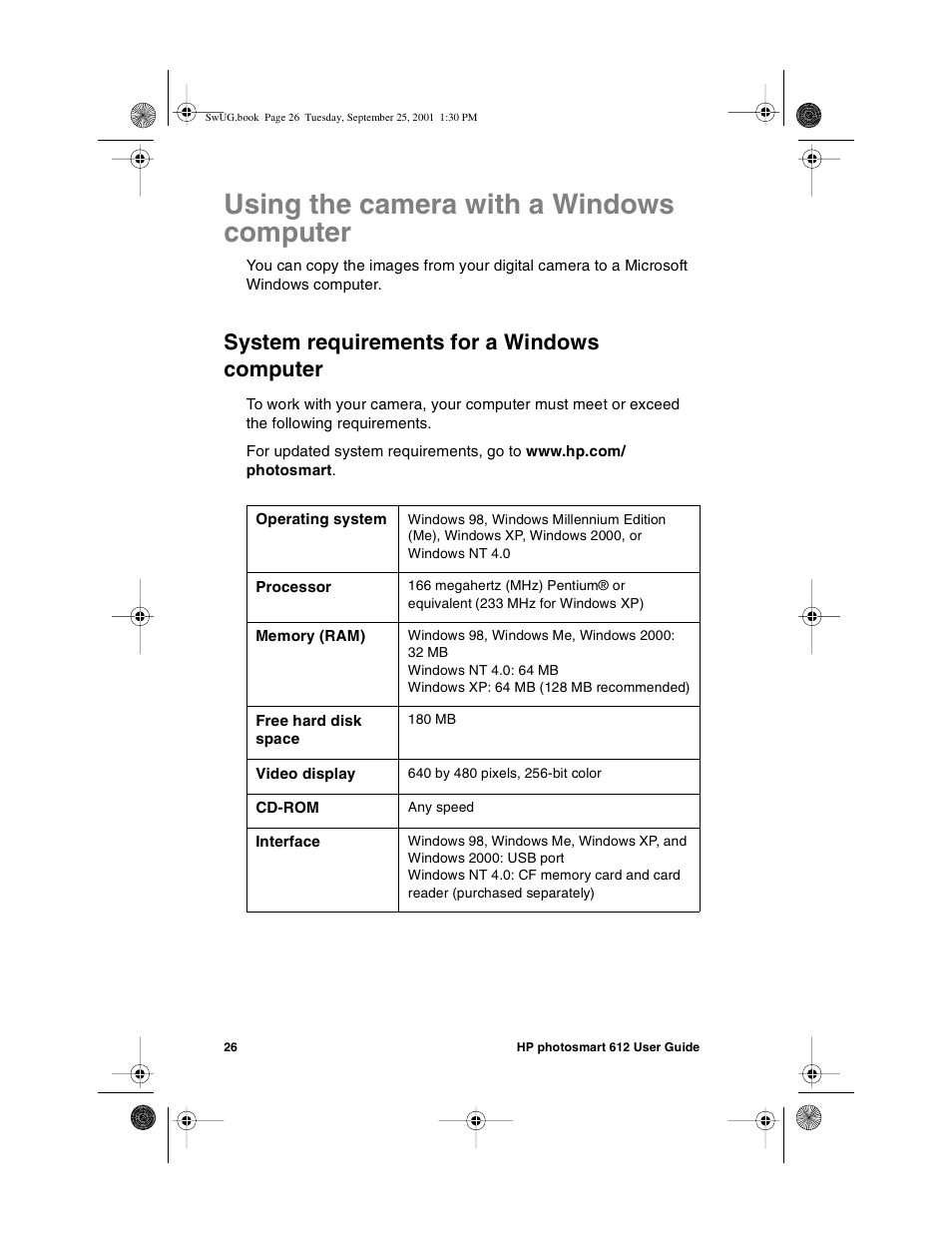 Using the camera with a windows computer, System requirements for a windows computer | HP Photosmart 612 User Manual | Page 34 / 84