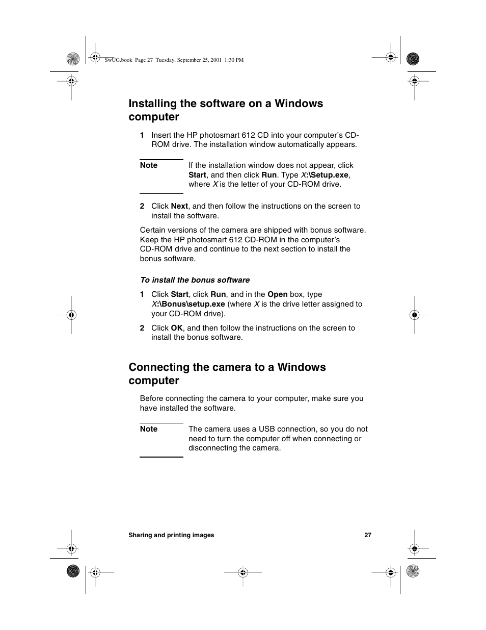 Installing the software on a windows computer, Connecting the camera to a windows computer | HP Photosmart 612 User Manual | Page 35 / 84