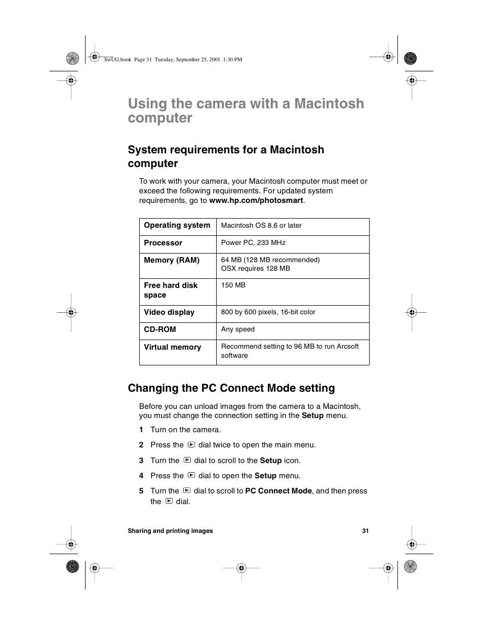 Using the camera with a macintosh computer, System requirements for a macintosh computer, Changing the pc connect mode setting | HP Photosmart 612 User Manual | Page 39 / 84