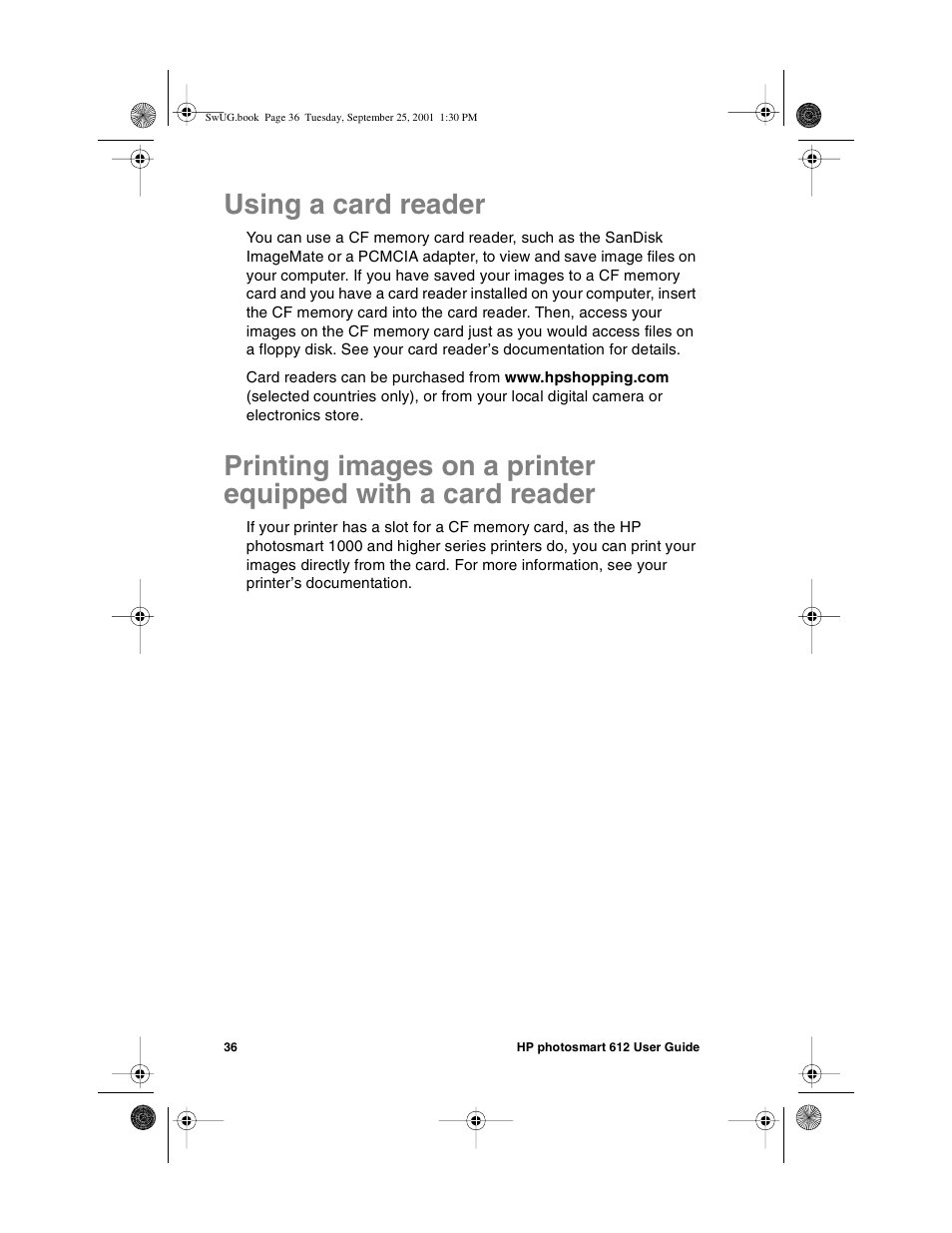 Using a card reader | HP Photosmart 612 User Manual | Page 44 / 84