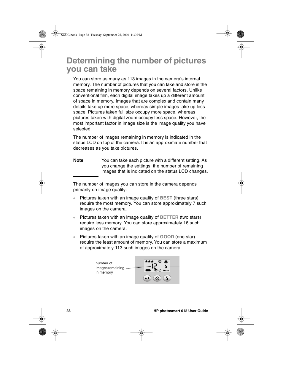 Determining the number of pictures you can take | HP Photosmart 612 User Manual | Page 46 / 84