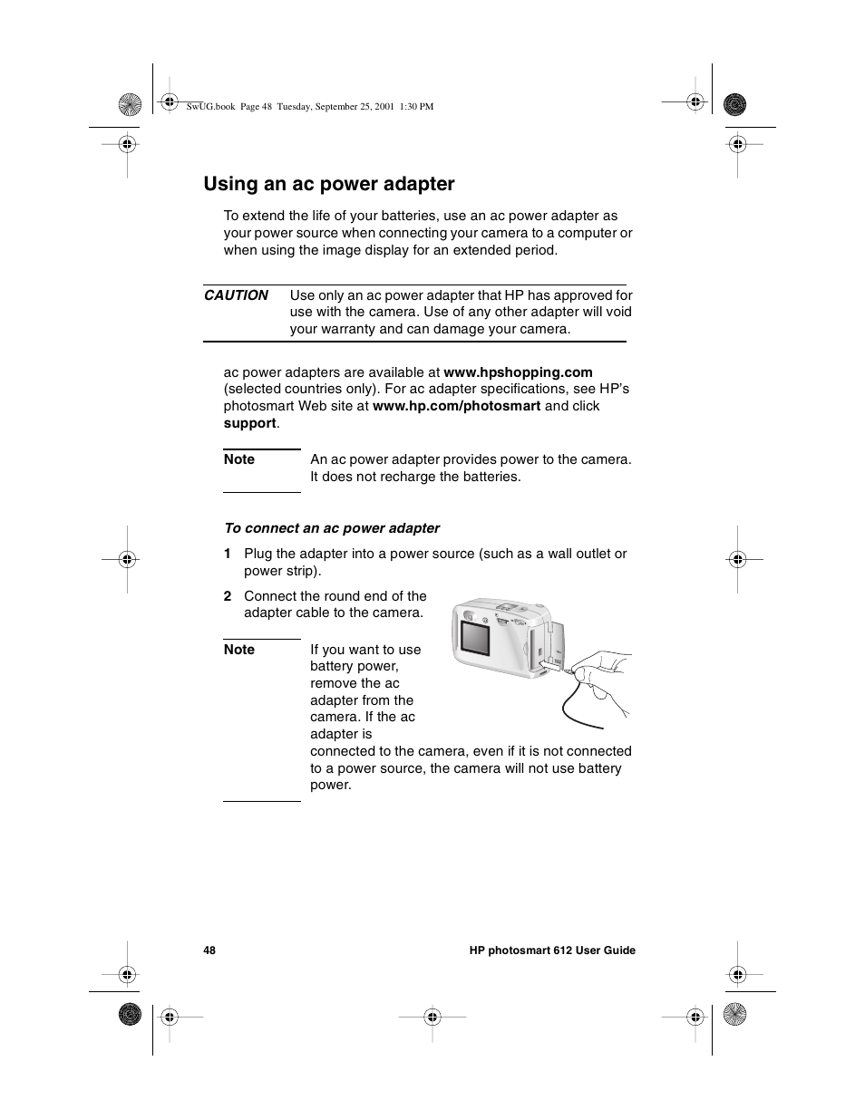 Using an ac power adapter | HP Photosmart 612 User Manual | Page 56 / 84