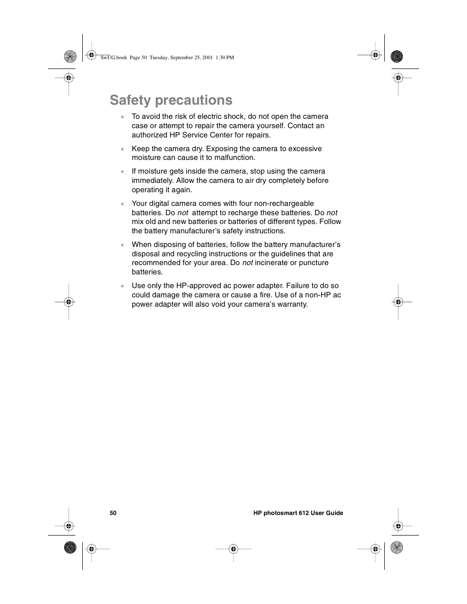 Safety precautions | HP Photosmart 612 User Manual | Page 58 / 84