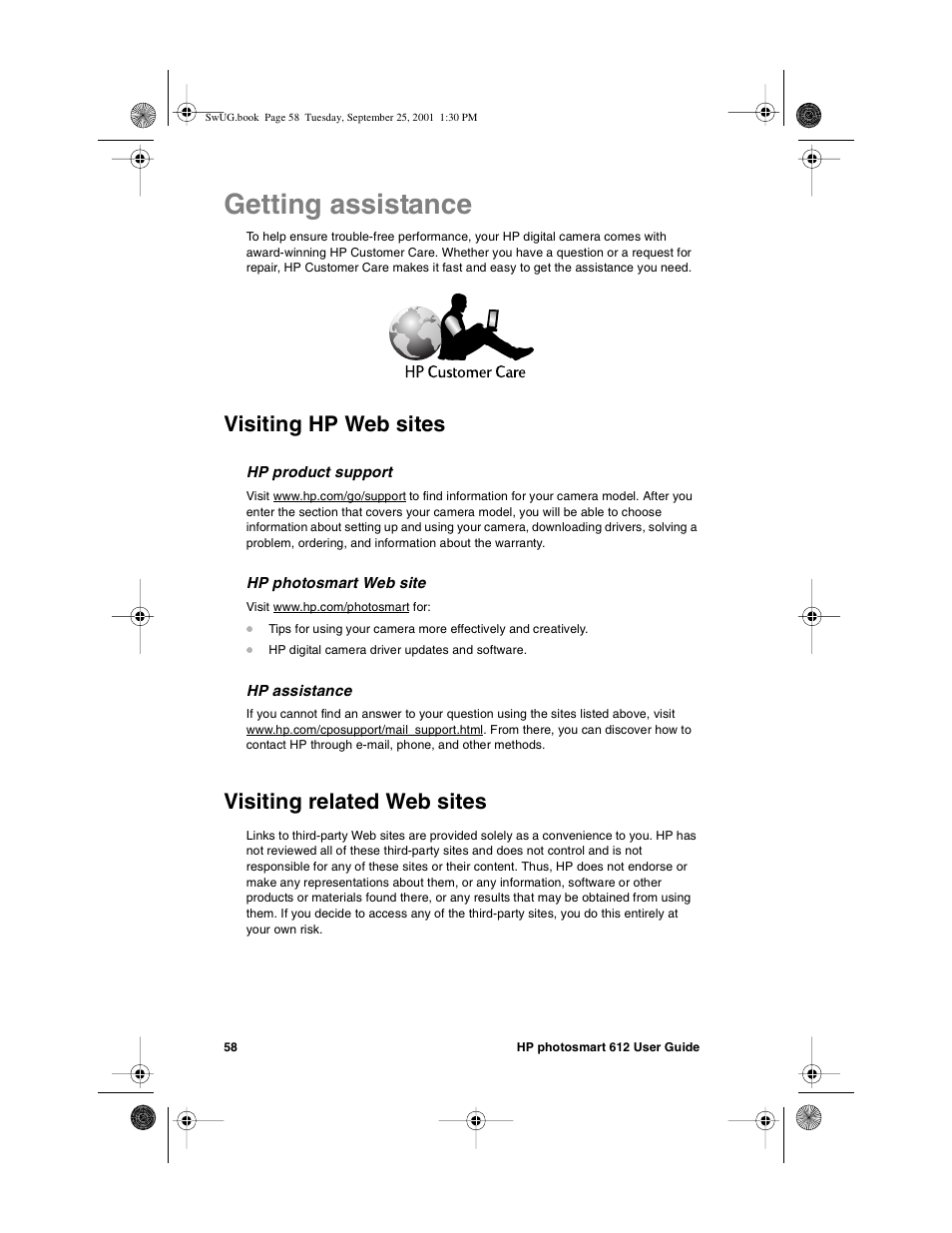 Getting assistance, Visiting hp web sites, Visiting related web sites | HP Photosmart 612 User Manual | Page 66 / 84