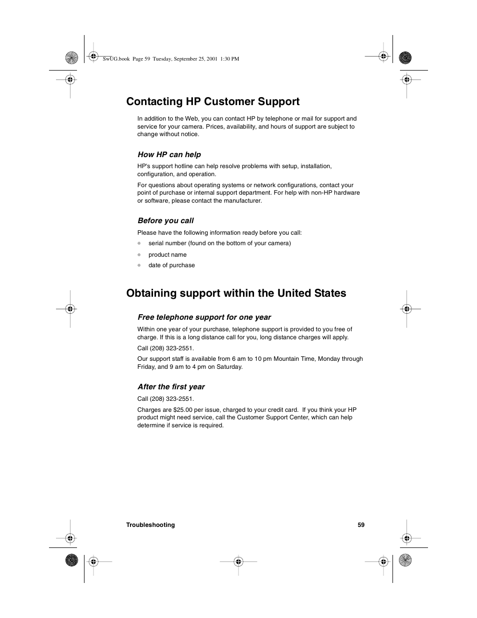 Contacting hp customer support, Obtaining support within the united states | HP Photosmart 612 User Manual | Page 67 / 84