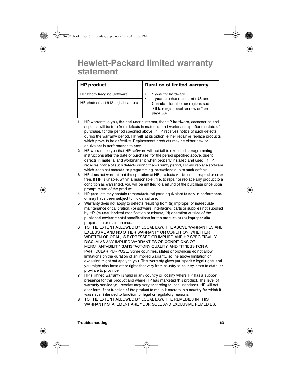 Hewlett-packard limited warranty statement | HP Photosmart 612 User Manual | Page 71 / 84