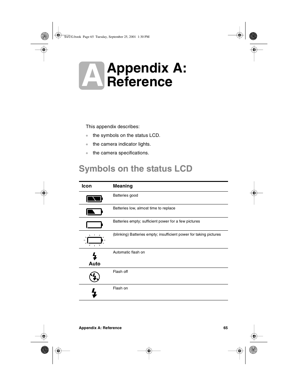 Appendix a: reference, Symbols on the status lcd | HP Photosmart 612 User Manual | Page 73 / 84