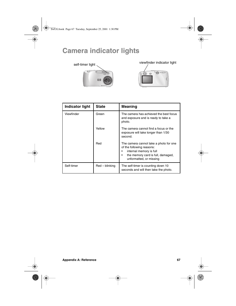 Camera indicator lights | HP Photosmart 612 User Manual | Page 75 / 84