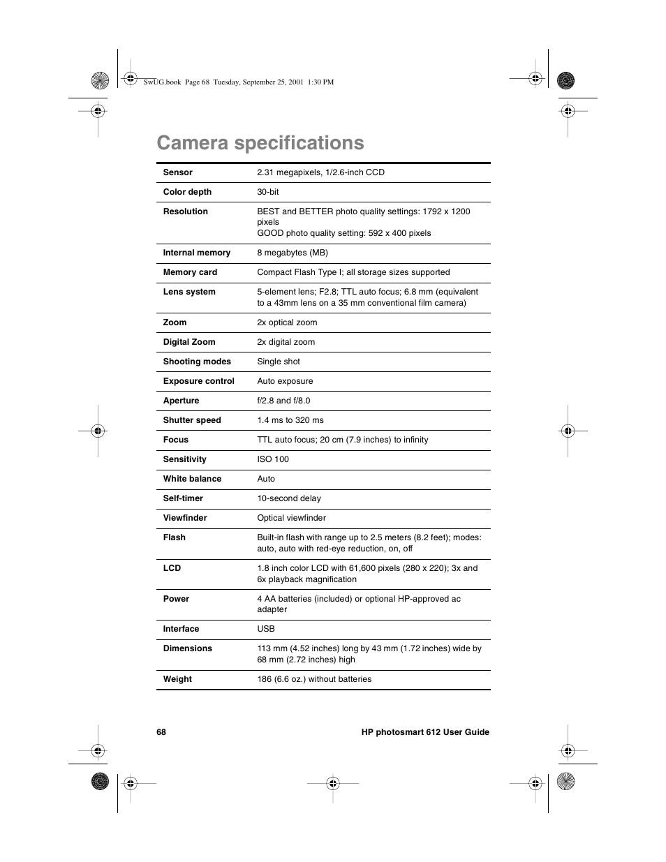 Camera specifications | HP Photosmart 612 User Manual | Page 76 / 84