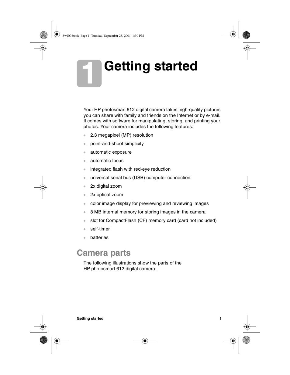 Getting started, Camera parts | HP Photosmart 612 User Manual | Page 9 / 84