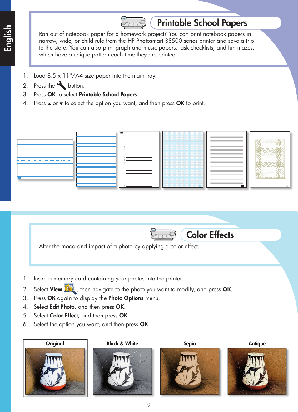 Printable school papers, English color effects | HP Photosmart B8500 Series User Manual | Page 10 / 28