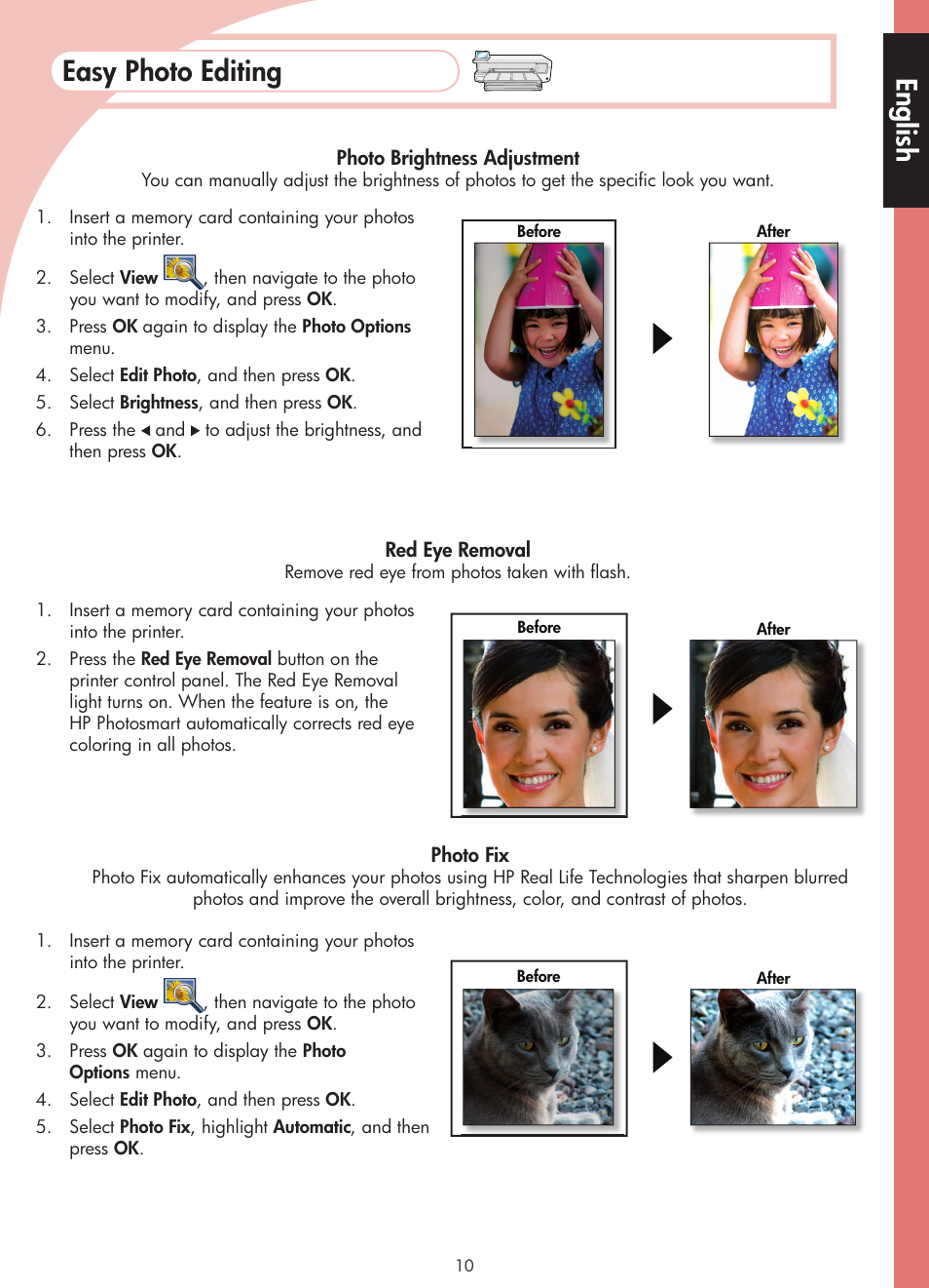 Easy photo editing, English | HP Photosmart B8500 Series User Manual | Page 11 / 28