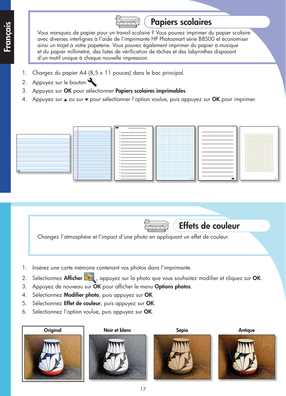 Papiers scolaires, Effets de couleur, Fr ançais | HP Photosmart B8500 Series User Manual | Page 18 / 28