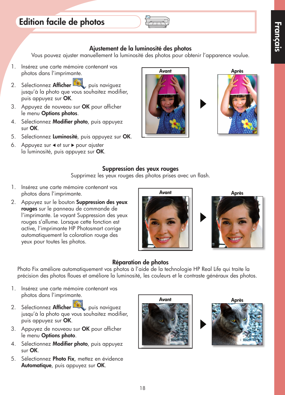 Edition facile de photos, Fr ançais | HP Photosmart B8500 Series User Manual | Page 19 / 28