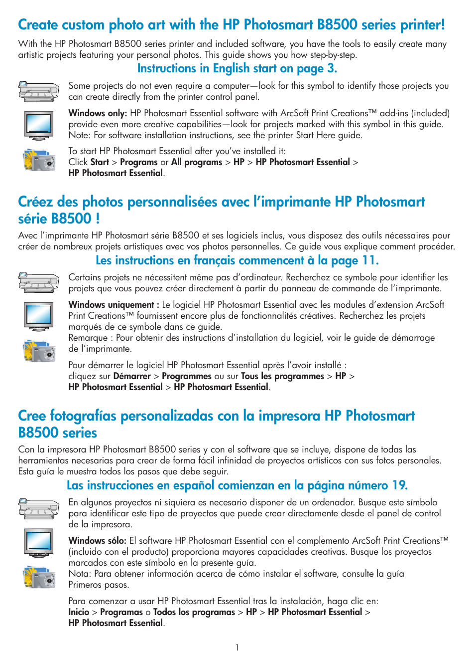 Instructions in english start on page 3 | HP Photosmart B8500 Series User Manual | Page 2 / 28