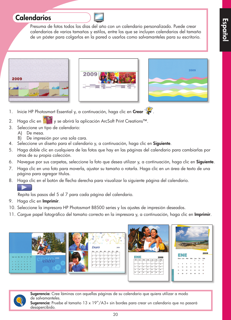 Calendarios, Español | HP Photosmart B8500 Series User Manual | Page 21 / 28