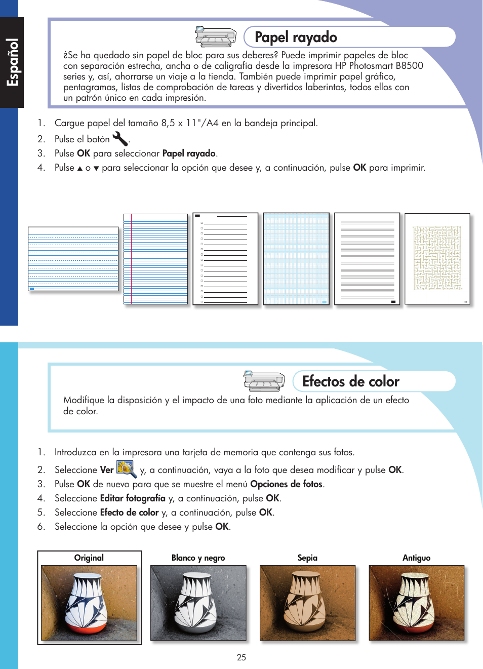 Papel rayado, Efectos de color español | HP Photosmart B8500 Series User Manual | Page 26 / 28