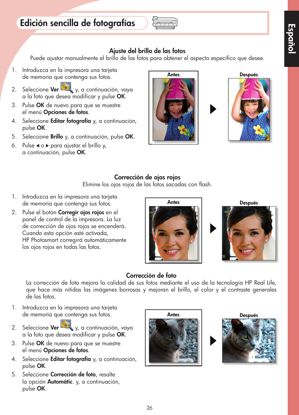 Edición sencilla de fotografías, Español | HP Photosmart B8500 Series User Manual | Page 27 / 28