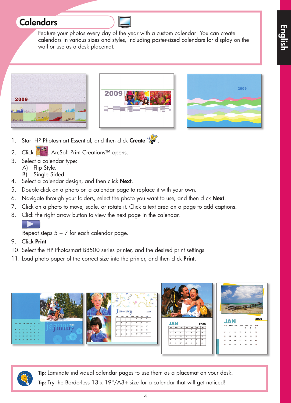 Calendars, English | HP Photosmart B8500 Series User Manual | Page 5 / 28