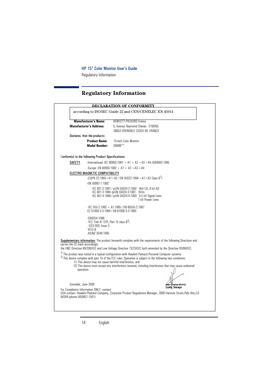 Regulatory information | HP 55HP User Manual | Page 16 / 17
