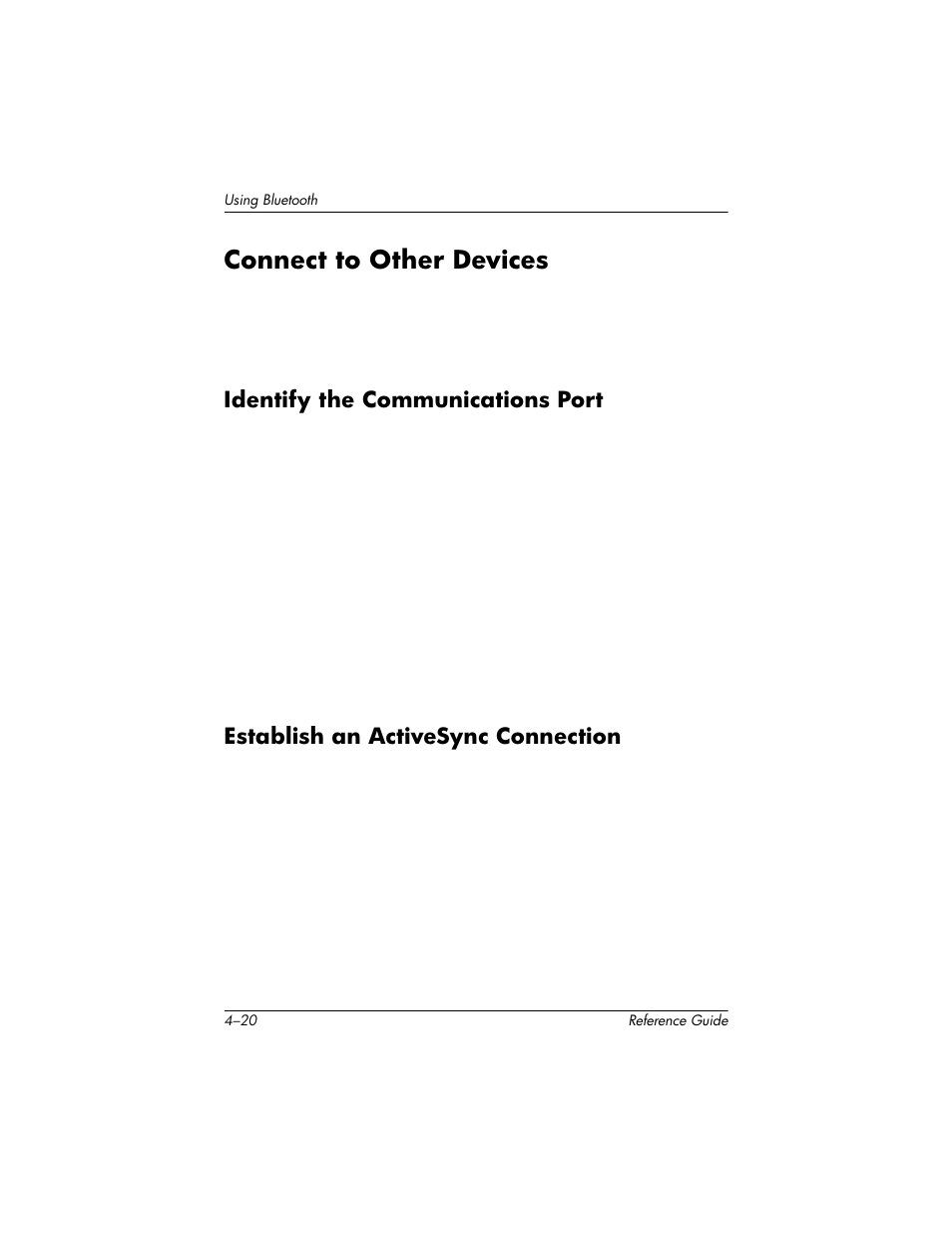 Connect to other devices, Identify the communications port, Establish an activesync connection | Connect to other devices –20 | HP h5400 User Manual | Page 124 / 273