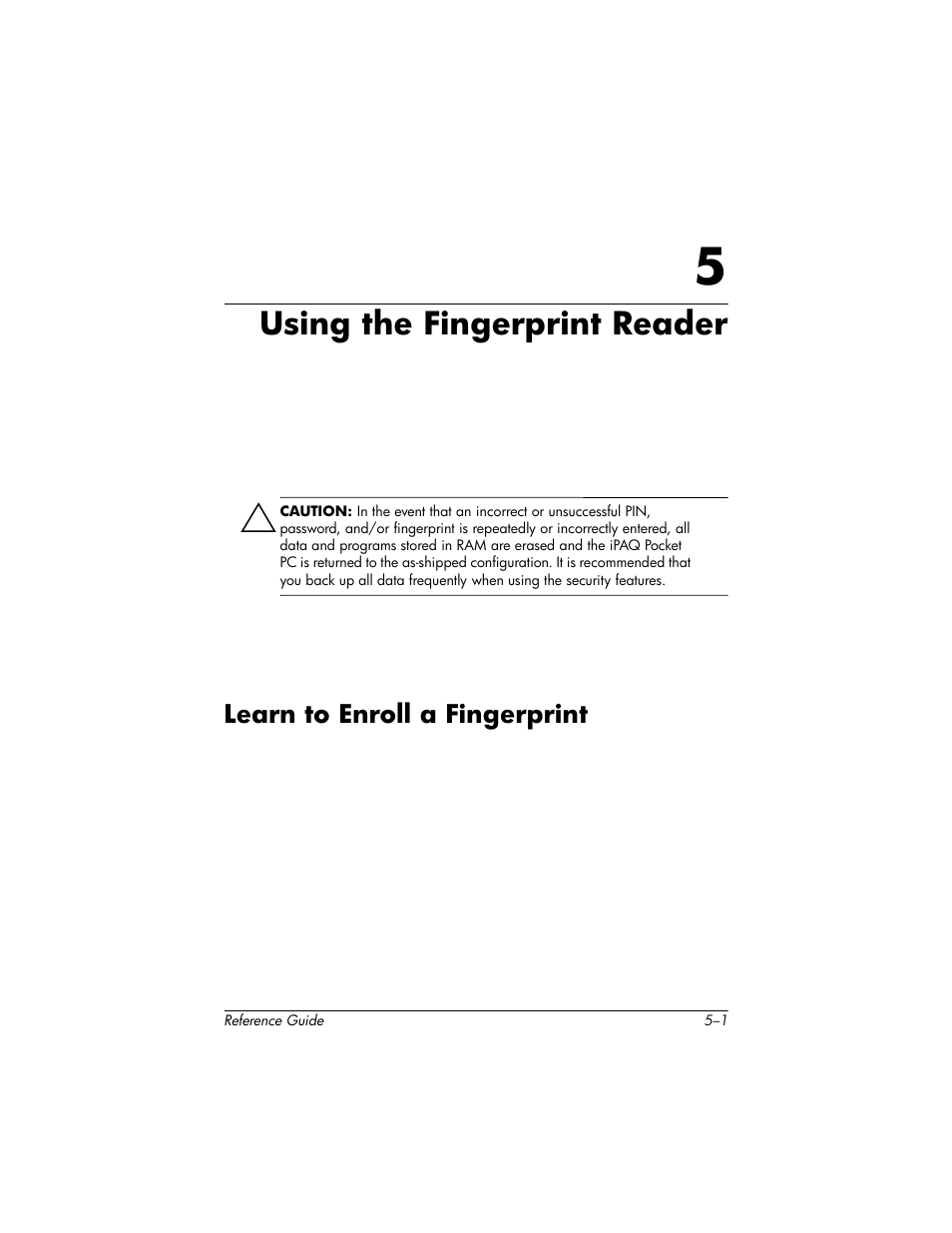 Using the fingerprint reader, Learn to enroll a fingerprint, 5 using the fingerprint reader | Learn to enroll a fingerprint –1 | HP h5400 User Manual | Page 139 / 273