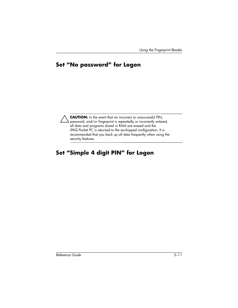 Set “no password” for logon, Set “simple 4 digit pin” for logon, Set “no password” for logon –11 | Set “simple 4 digit pin” for logon –11 | HP h5400 User Manual | Page 149 / 273