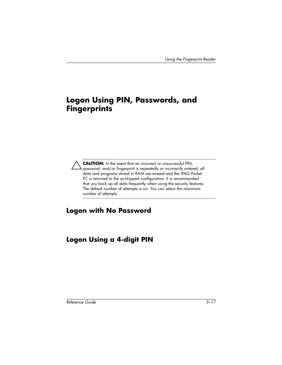 Logon using pin, passwords, and fingerprints, Logon with no password, Logon using a 4-digit pin | Logon using pin, passwords, and fingerprints –17 | HP h5400 User Manual | Page 155 / 273