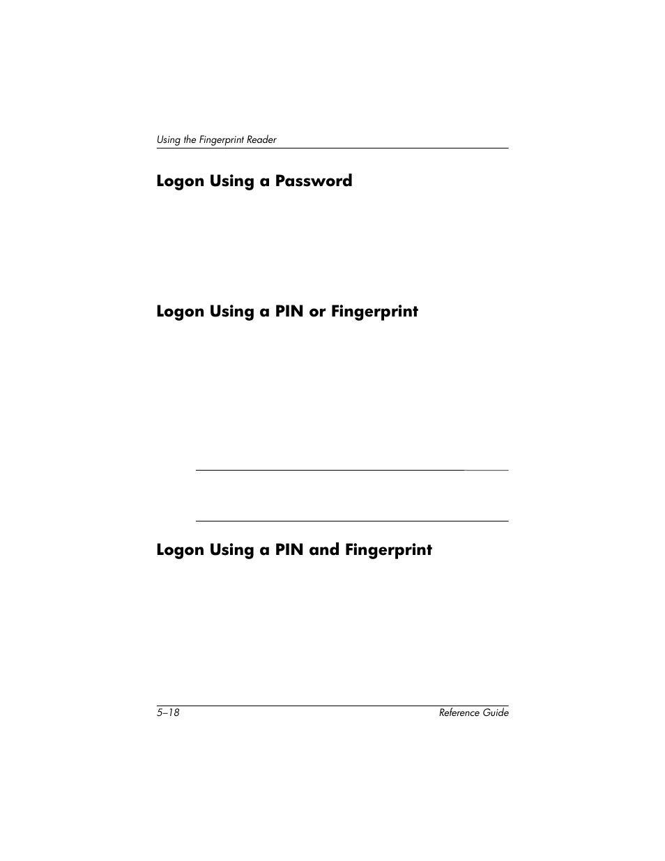 Logon using a password, Logon using a pin or fingerprint, Logon using a pin and fingerprint | HP h5400 User Manual | Page 156 / 273