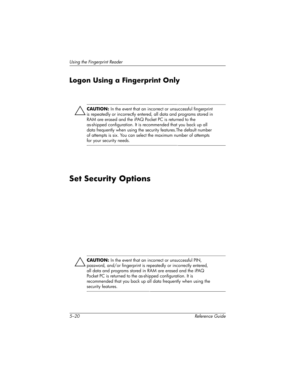 Logon using a fingerprint only, Set security options, Logon using a fingerprint only –20 | Set security options –20 | HP h5400 User Manual | Page 158 / 273