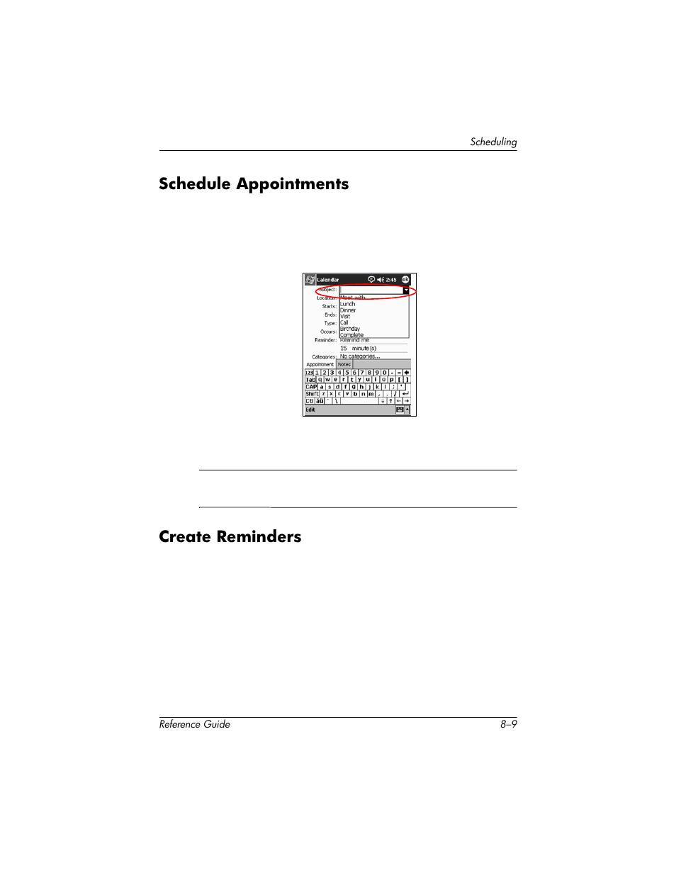 Schedule appointments, Create reminders, Schedule appointments –9 create reminders –9 | HP h5400 User Manual | Page 203 / 273