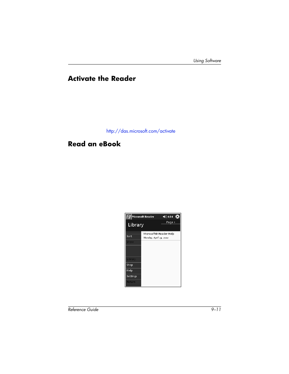 Activate the reader, Read an ebook, Activate the reader –11 read an ebook –11 | HP h5400 User Manual | Page 221 / 273