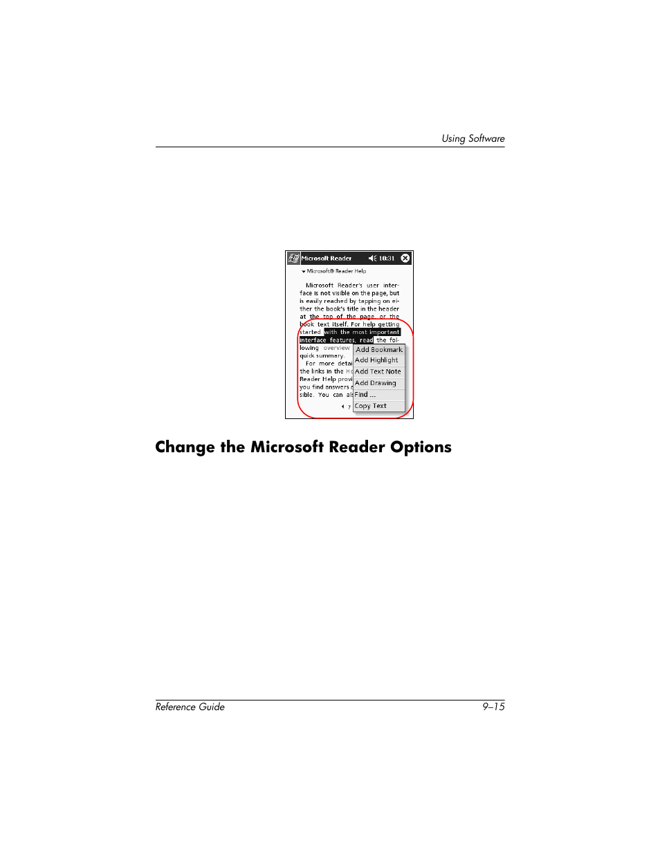 Change the microsoft reader options, Change the microsoft reader options –15 | HP h5400 User Manual | Page 225 / 273