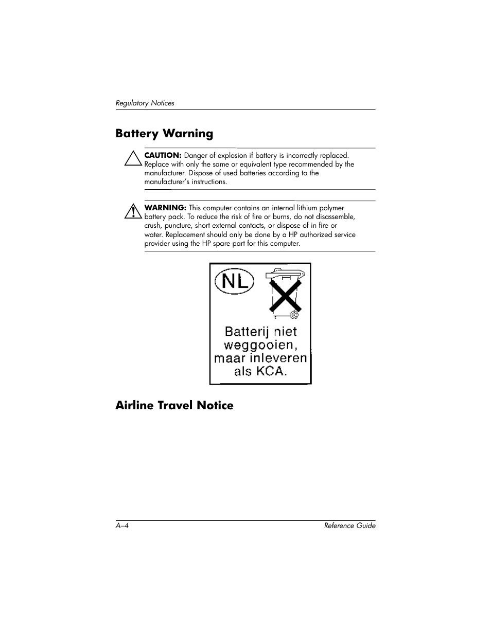 Battery warning, Airline travel notice | HP h5400 User Manual | Page 262 / 273