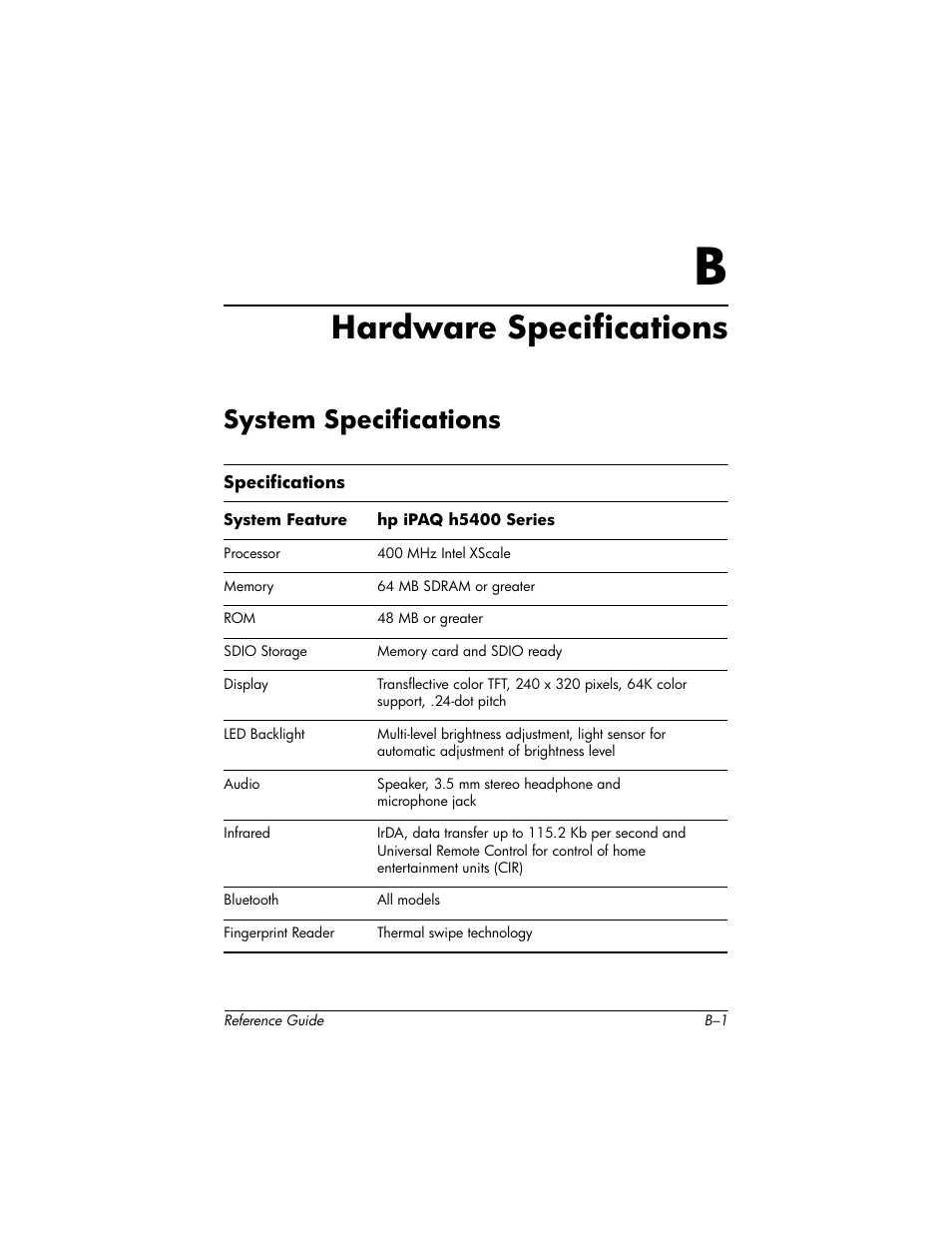 Hardware specifications, System specifications, B hardware specifications | HP h5400 User Manual | Page 267 / 273