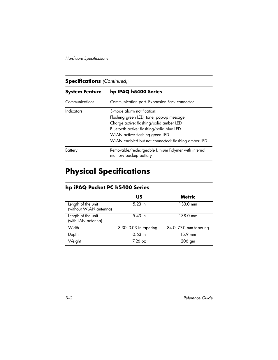 Physical specifications | HP h5400 User Manual | Page 268 / 273