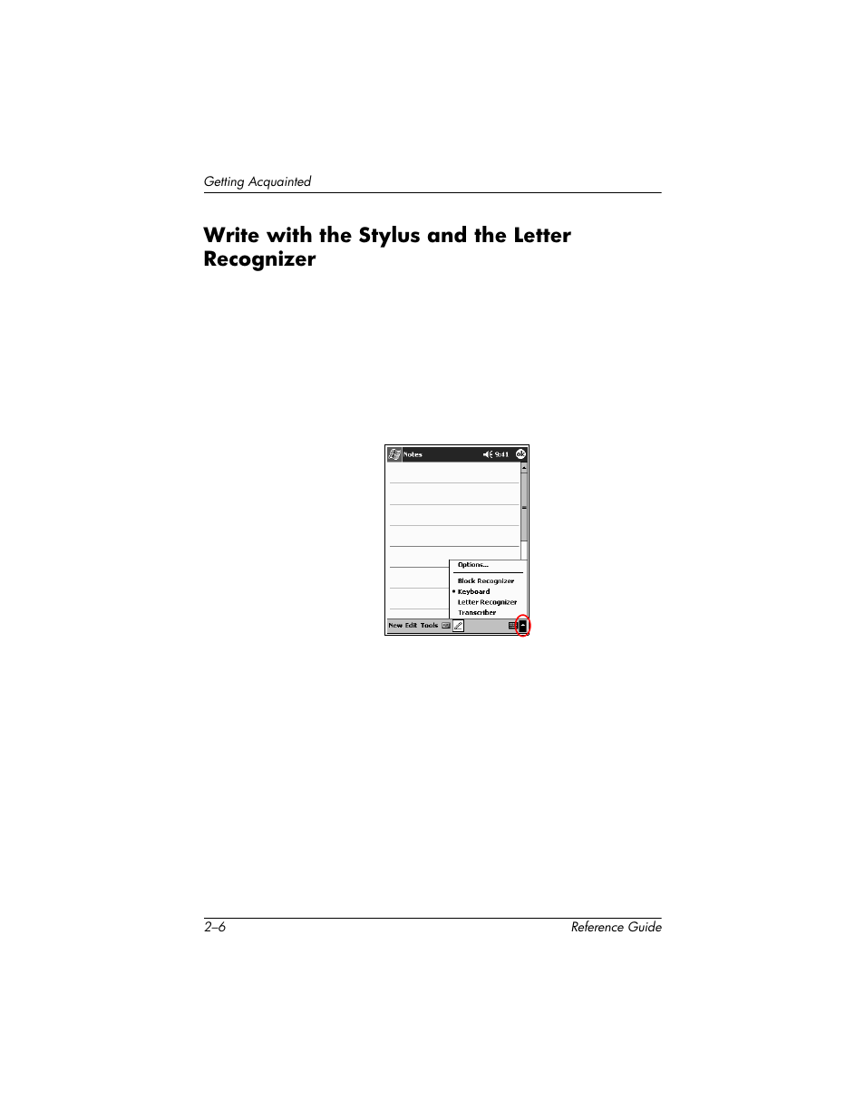 Write with the stylus and the letter recognizer, Write with the stylus and the letter recognizer –6 | HP h5400 User Manual | Page 38 / 273