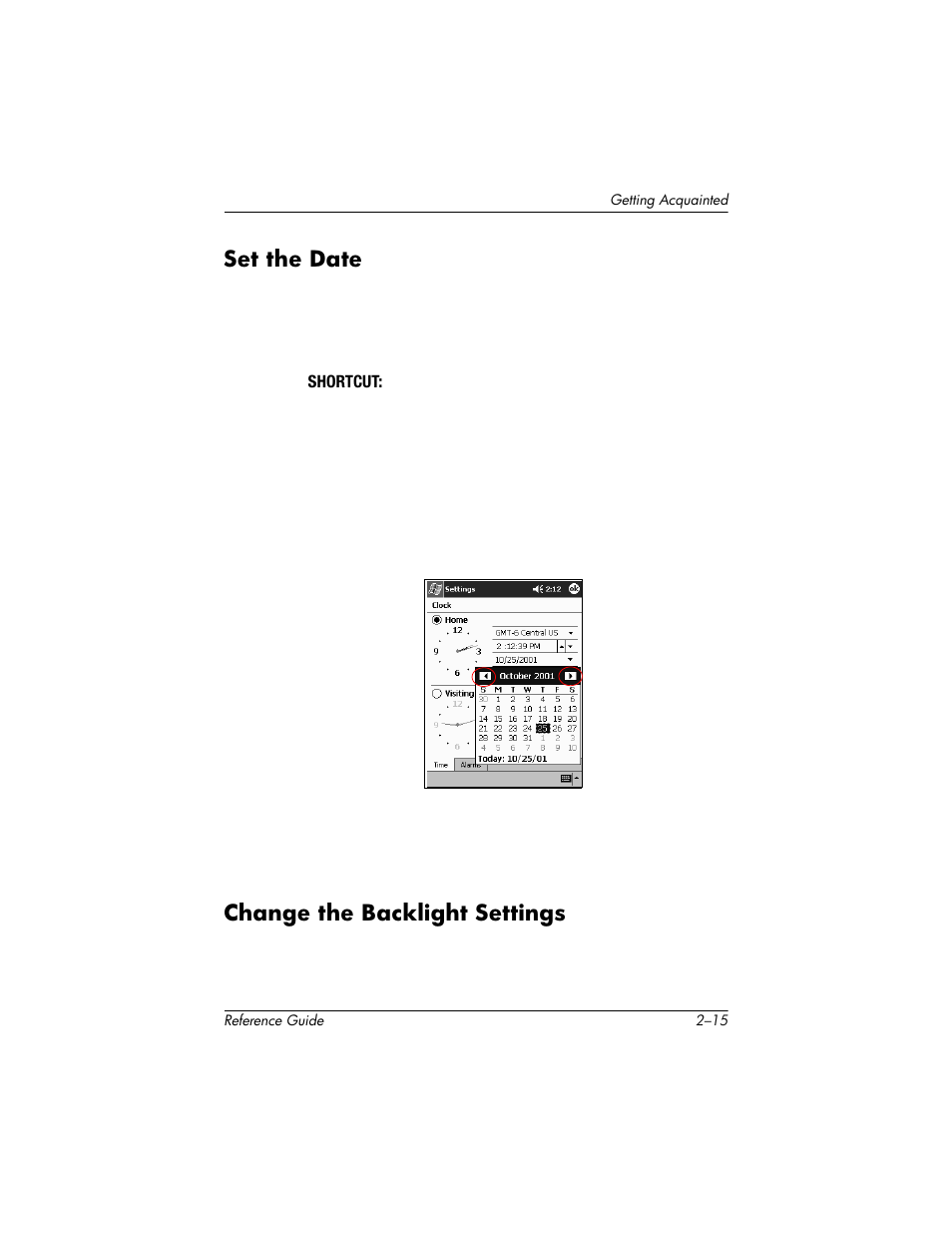 Set the date, Change the backlight settings, Set the date –15 | Change the backlight settings –15 | HP h5400 User Manual | Page 47 / 273
