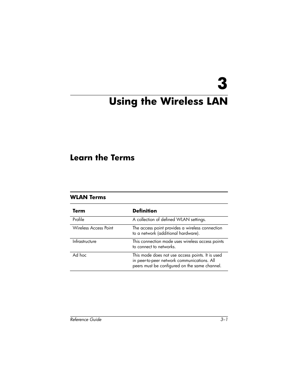 Using the wireless lan, Learn the terms, 3 using the wireless lan | Learn the terms –1 | HP h5400 User Manual | Page 87 / 273