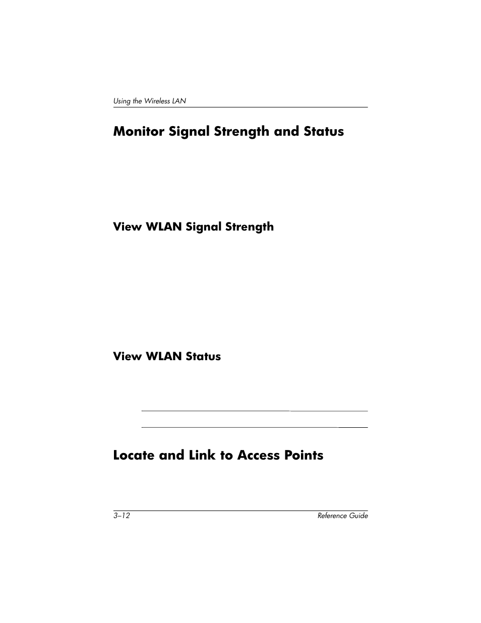 Monitor signal strength and status, View wlan signal strength, View wlan status | Locate and link to access points, Monitor signal strength and status –12, View wlan signal strength –12 view wlan status –12, Locate and link to access points –12 | HP h5400 User Manual | Page 98 / 273
