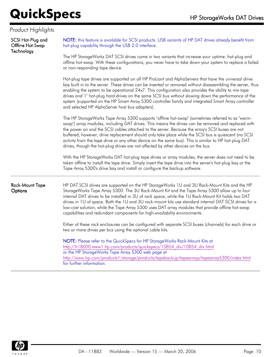 Quickspecs, Hp storageworks dat drives, Hp storageworks dat drives product highlights | HP 40 SCSI User Manual | Page 10 / 28