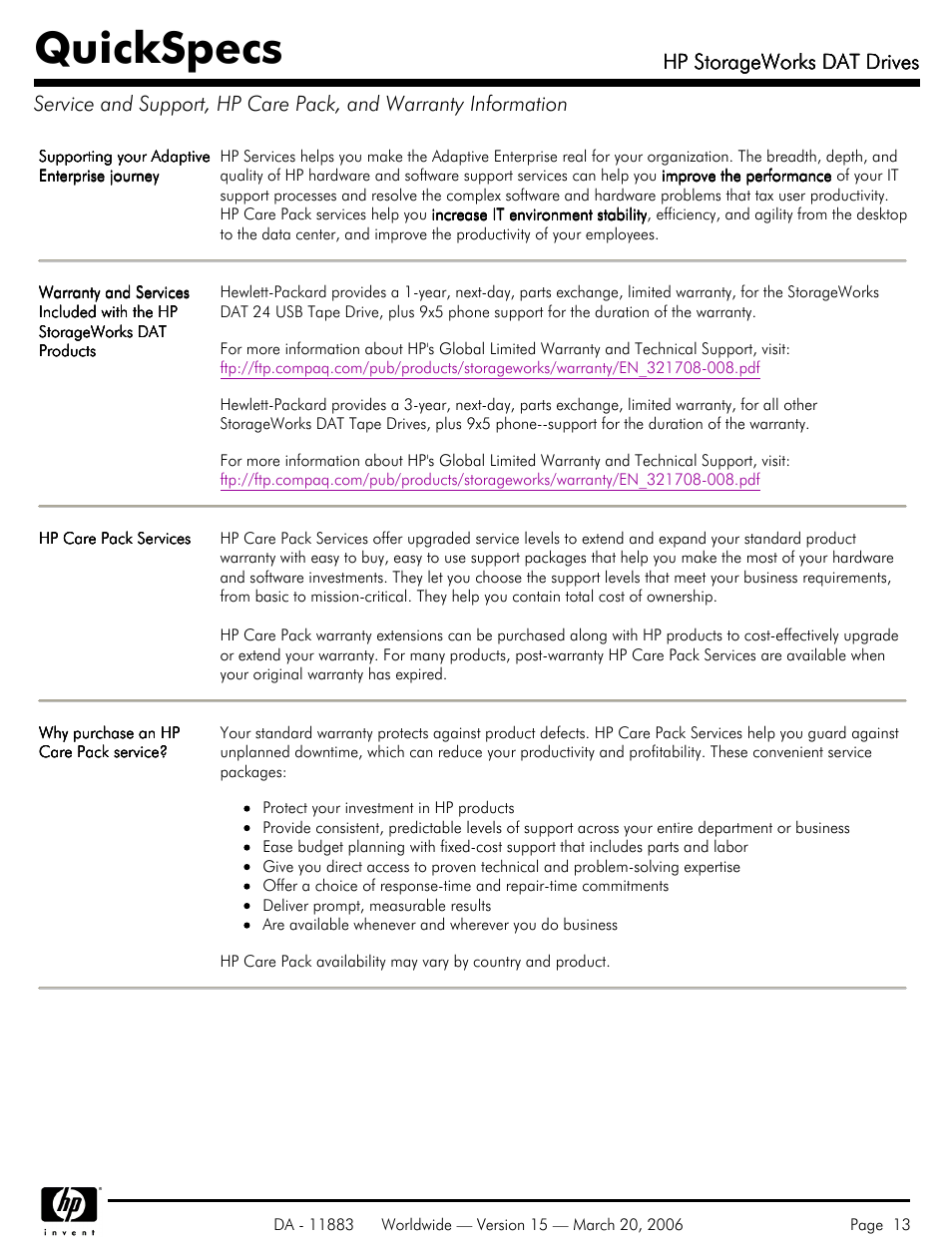Quickspecs, Hp storageworks dat drives | HP 40 SCSI User Manual | Page 13 / 28
