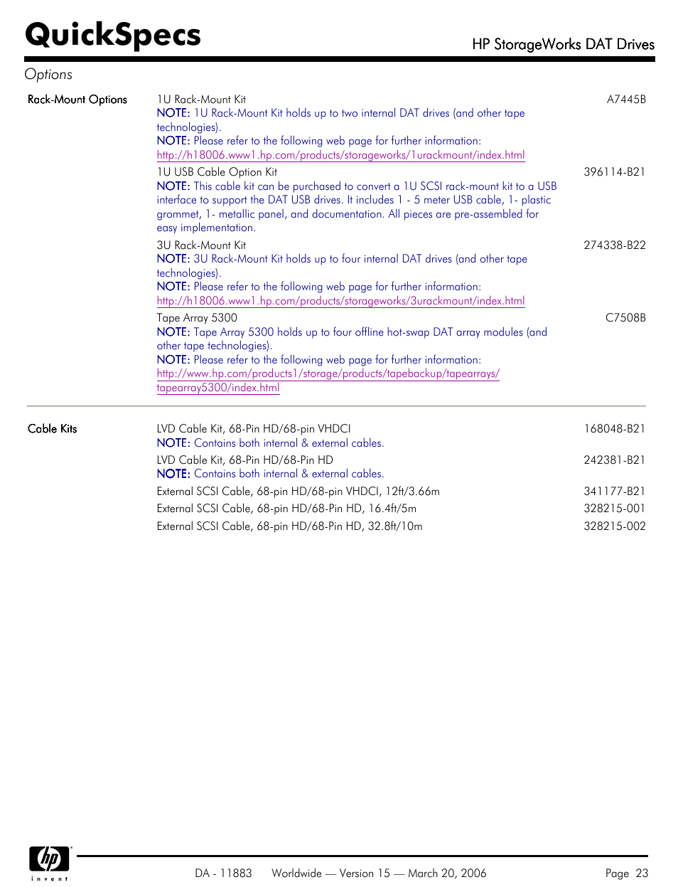 Quickspecs, Hp storageworks dat drives, Hp storageworks dat drives options | HP 40 SCSI User Manual | Page 23 / 28