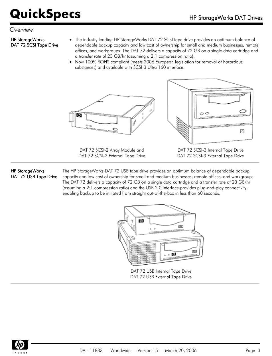 Quickspecs, Hp storageworks dat drives, Hp storageworks dat drives overview | HP 40 SCSI User Manual | Page 3 / 28