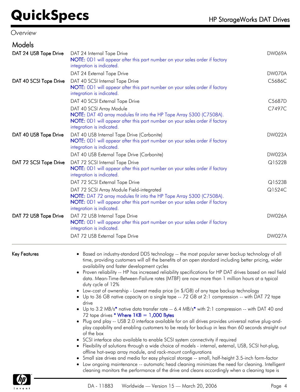 Quickspecs, Models, Hp storageworks dat drives | Hp storageworks dat drives overview | HP 40 SCSI User Manual | Page 4 / 28