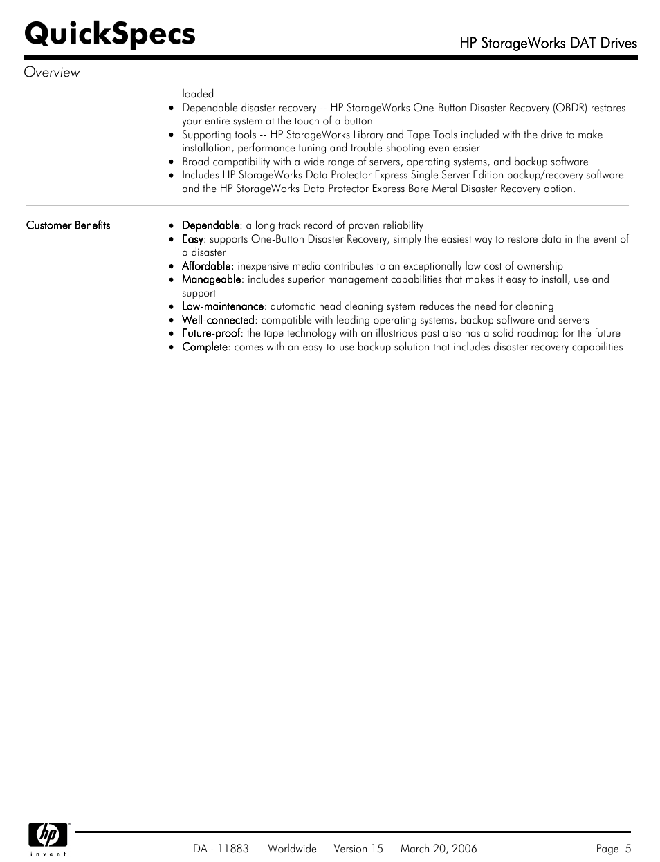 Quickspecs, Hp storageworks dat drives, Hp storageworks dat drives overview | HP 40 SCSI User Manual | Page 5 / 28