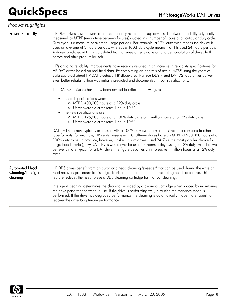 Quickspecs, Hp storageworks dat drives, Hp storageworks dat drives product highlights | HP 40 SCSI User Manual | Page 8 / 28
