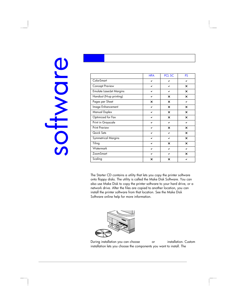 Software installation, Printer drivers features, Software | Making copies of the printer software, Installing the printer software for local printing | HP 2250 User Manual | Page 21 / 81